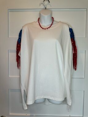Fantastic Fawn White Top with Red & Blue Sequin Fringe